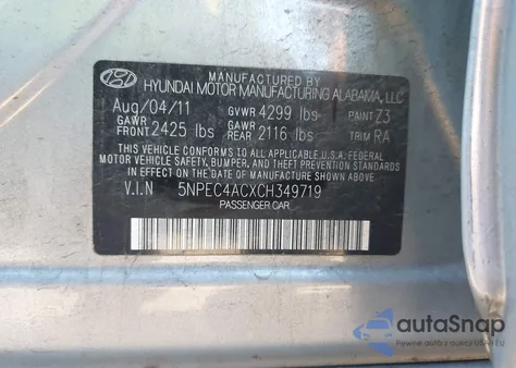 2012 Hyundai Sonata Limited z USA, uszkodzony, nr VIN 5NPEC4ACXCH349719